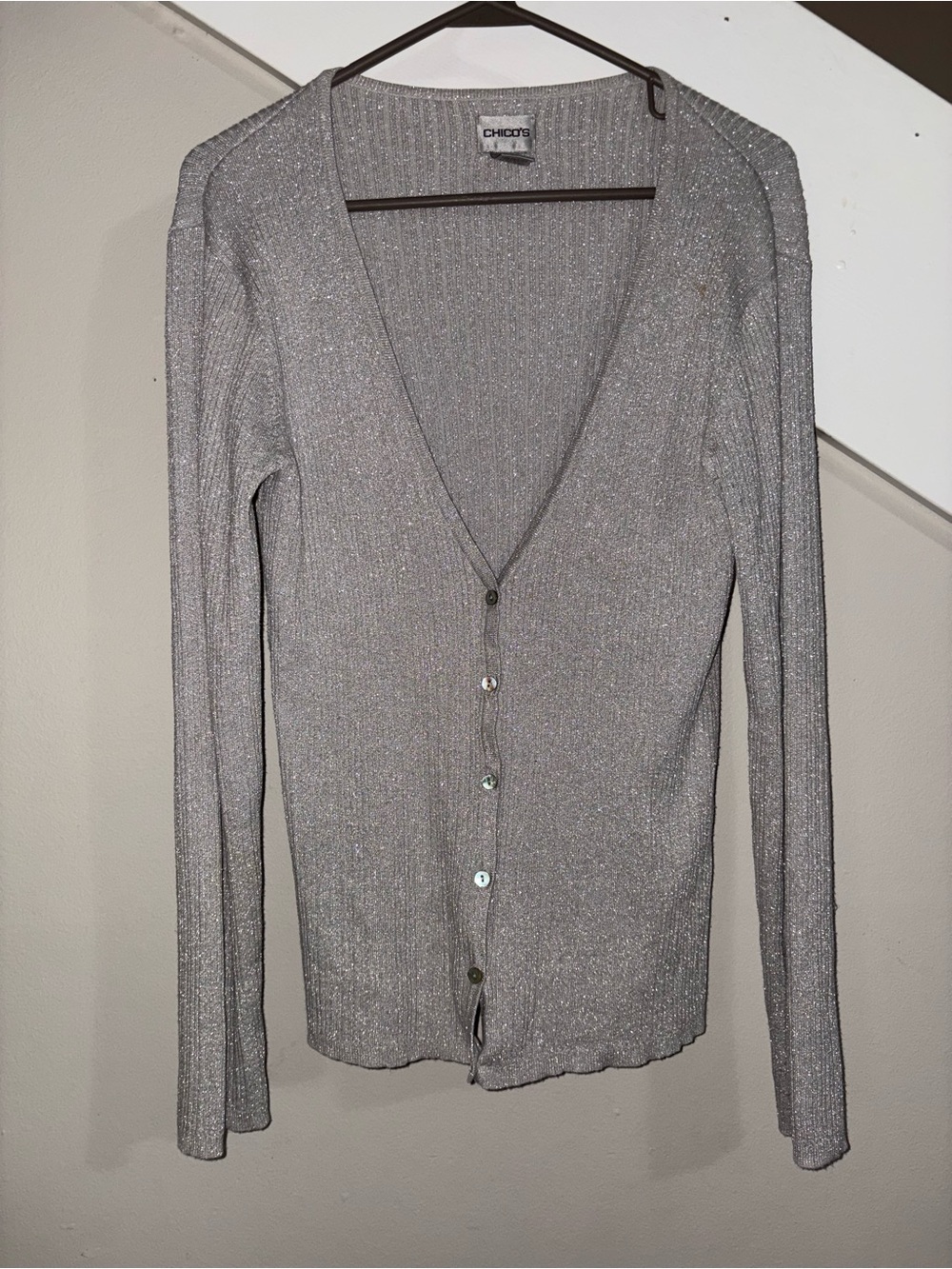 Chico's Silver Metallic Ribbed Button-Front Cardigan size 1
